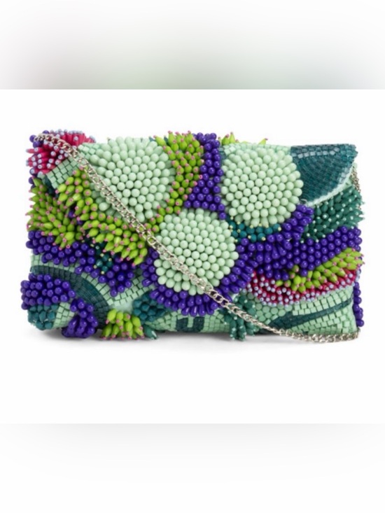 Made in India Handbags - Beaded Botanical Evening Clutch in Mint, Purple & Green